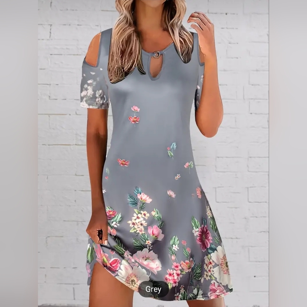 Women's Summer Sundress Short Sleeve Cut Out Cold Shoulder Round Neck Loose Fit
